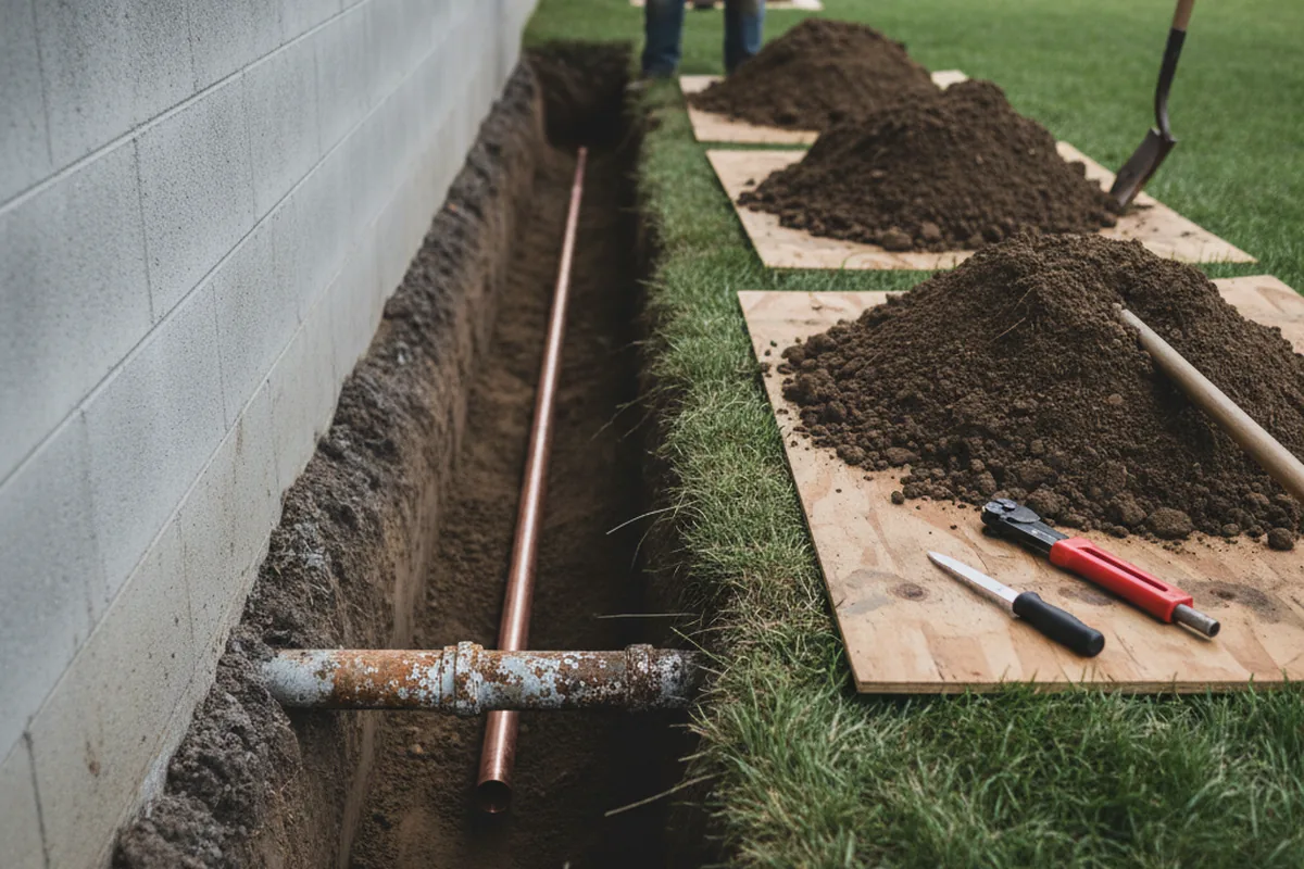 Excavated water line trench during Water Softener Installation in Milfay